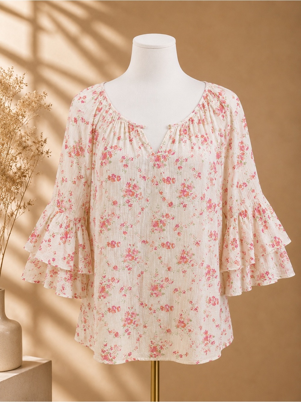 Chaps Size M Cream Peasant Blouse with Pink Floral Print and Tiered Bell Sleeves